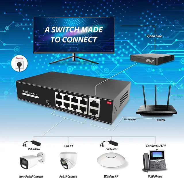 Alt view image 5 of 6 - 8 Port PoE Switch with 2 Uplink, 802.3af/at PoE+ 100Mbps, 100W Built-in Power, Extend to 250 Meter, Metal Plug & Play, Unmanaged POE Switch