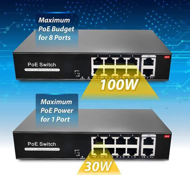 Alt view image 3 of 6 - 8 Port PoE Switch with 2 Uplink, 802.3af/at PoE+ 100Mbps, 100W Built-in Power, Extend to 250 Meter, Metal Plug & Play, Unmanaged POE Switch