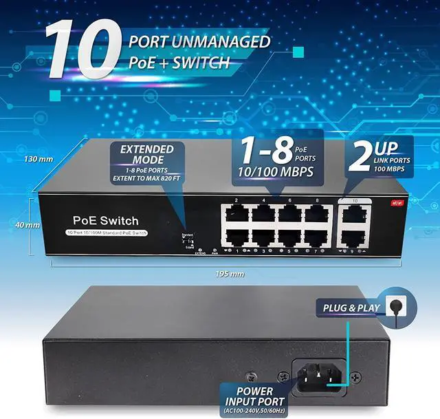 Alt view image 4 of 6 - 8 Port PoE Switch with 2 Uplink, 802.3af/at PoE+ 100Mbps, 100W Built-in Power, Extend to 250 Meter, Metal Plug & Play, Unmanaged POE Switch