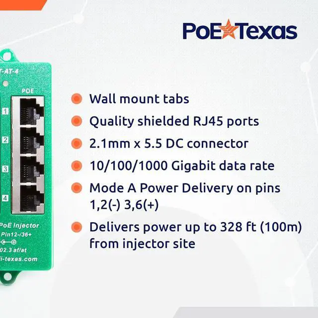 Alt view image 4 of 6 - PoE Texas 4 Port PoE/PoE+ Injector with 48V 60W Power Supply - Gigabit Injector - Active Mode A Power Over Ethernet Multi Port PoE Adapter - Supports 4 PoE (802.3af or at) up to 60 watts