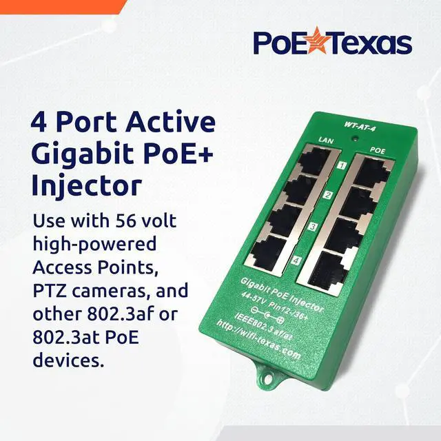 Alt view image 2 of 6 - PoE Texas 4 Port PoE/PoE+ Injector with 56V 60W Power Supply - Gigabit Injector - Active Mode A Power Over Ethernet Multi Port PoE Adapter - Supports 4 PoE (802.3af or at) up to 60 watts