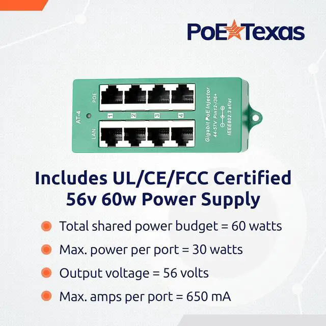 Alt view image 6 of 6 - PoE Texas 4 Port PoE/PoE+ Injector with 56V 60W Power Supply - Gigabit Injector - Active Mode A Power Over Ethernet Multi Port PoE Adapter - Supports 4 PoE (802.3af or at) up to 60 watts