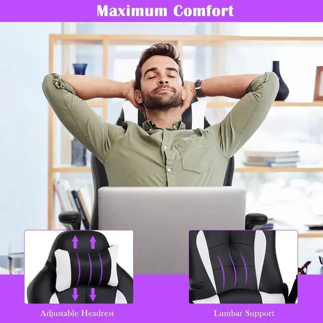 Alt view image 3 of 6 - Ergonomic Gaming Chair, Gaming Chair with Headrest, Office Computer Chair Racing Chair with Wheels & Lumbar Support, High Back Gamer Chair PC Gaming Chairs for Adults Teens, Xmas Gift (White)