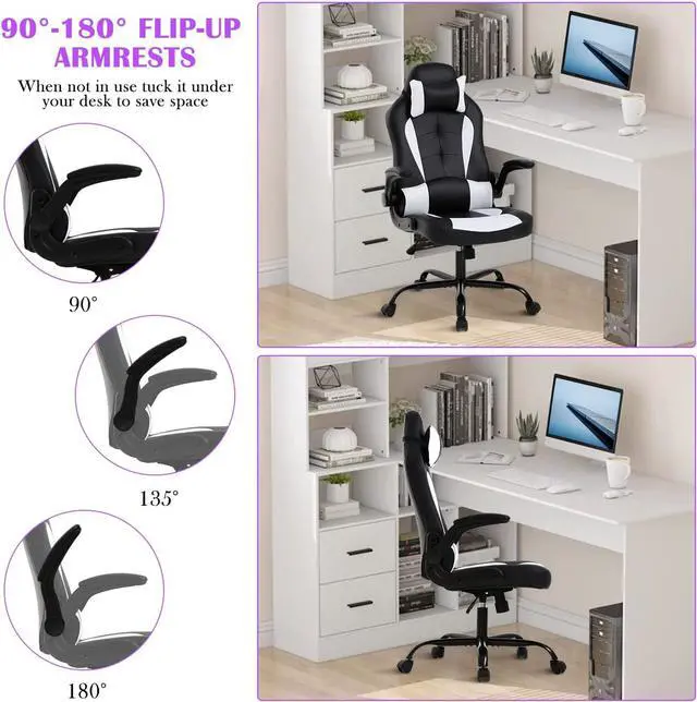 Alt view image 4 of 6 - Ergonomic Gaming Chair, Gaming Chair with Headrest, Office Computer Chair Racing Chair with Wheels & Lumbar Support, High Back Gamer Chair PC Gaming Chairs for Adults Teens, Xmas Gift (White)