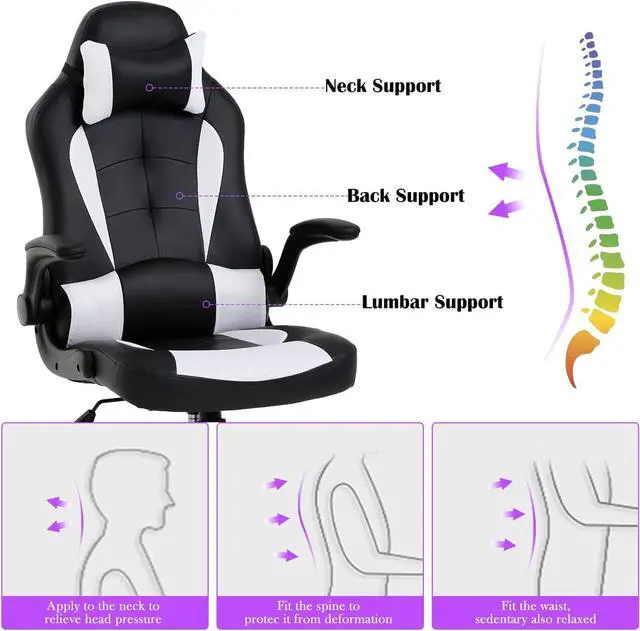 Alt view image 5 of 6 - Ergonomic Gaming Chair, Gaming Chair with Headrest, Office Computer Chair Racing Chair with Wheels & Lumbar Support, High Back Gamer Chair PC Gaming Chairs for Adults Teens, Xmas Gift (White)