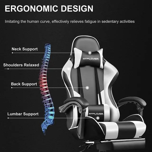 Alt view image 2 of 6 - GTPLAYER Gaming Chair, Computer Chair with Footrest and Lumbar Support, Height Adjustable Game Chair with 360°-Swivel Seat and Headrest and for Office or Gaming (White), Welcome to consult