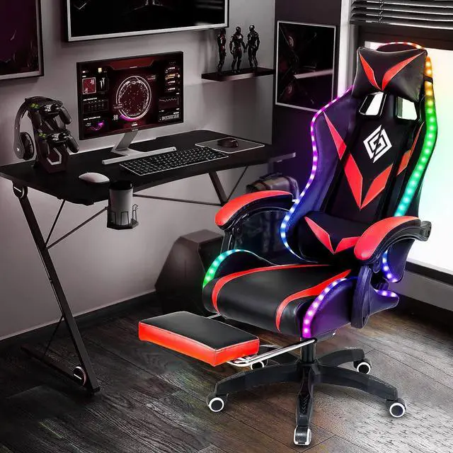 Alt view image 2 of 7 - RGB Gaming Chair with Massage and LED Lights Ergonomic Computer Chair with Footrest High Back Video Game Chair with Adjustable Lumbar Support Linkage Armrest Red and Black