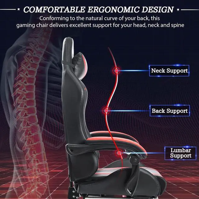 Alt view image 5 of 7 - RGB Gaming Chair with Massage and LED Lights Ergonomic Computer Chair with Footrest High Back Video Game Chair with Adjustable Lumbar Support Linkage Armrest Red and Black