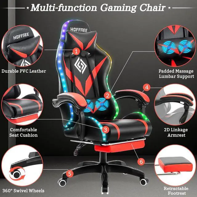Alt view image 6 of 7 - RGB Gaming Chair with Massage and LED Lights Ergonomic Computer Chair with Footrest High Back Video Game Chair with Adjustable Lumbar Support Linkage Armrest Red and Black