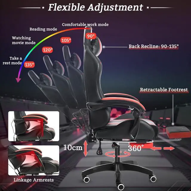 Alt view image 7 of 7 - RGB Gaming Chair with Massage and LED Lights Ergonomic Computer Chair with Footrest High Back Video Game Chair with Adjustable Lumbar Support Linkage Armrest Red and Black