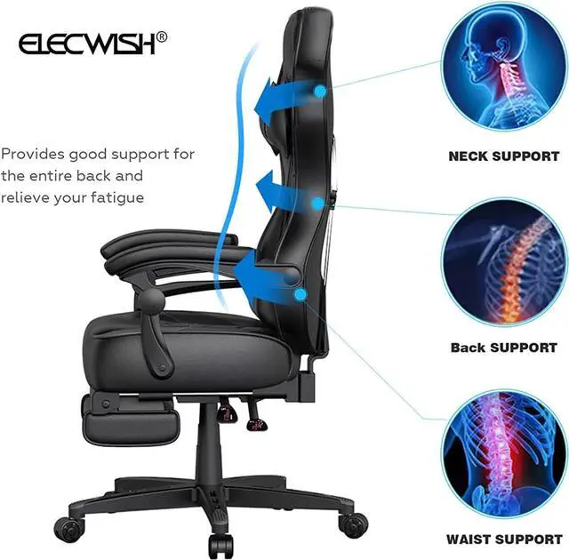 Alt view image 3 of 7 - ELECWISH Gaming Chair, Gamer Chair with Footrest, Ergonomic Racing Chair for Adluts with Padding Armrests PU Leather, 90-150 Degree Tilt Computer Gaming Chair with Footrest, Gray