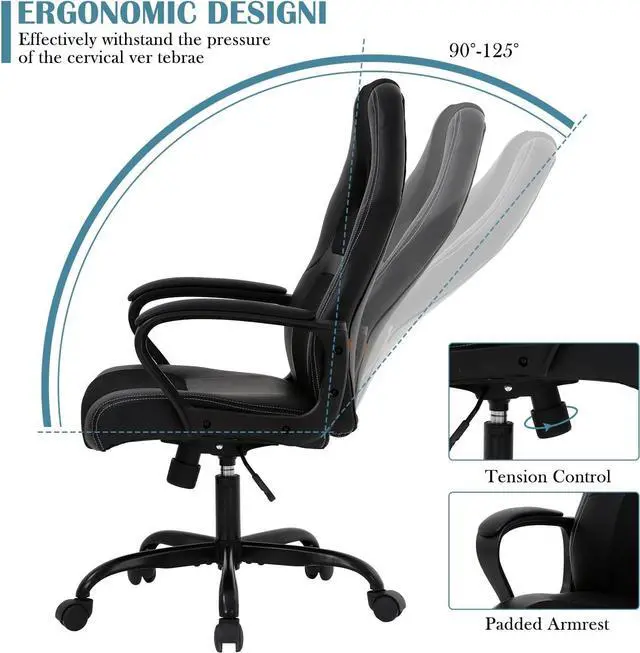 Alt view image 5 of 7 - Ergonomic Office Chair Cheap Desk Chair, Mesh PC Gaming Chair with Lumbar Support, Adjustable High Back PU Leather Computer Chair Racing Task Swivel Executive Video Game Chairs for Home