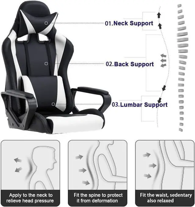 Alt view image 2 of 7 - Gaming Chair High Back Computer Chair Racing Office Chair with Lumbar Support, Ergonomic PU Leather Gaming Desk Chair Swivel Rolling Task Game Chair for Home Office - White