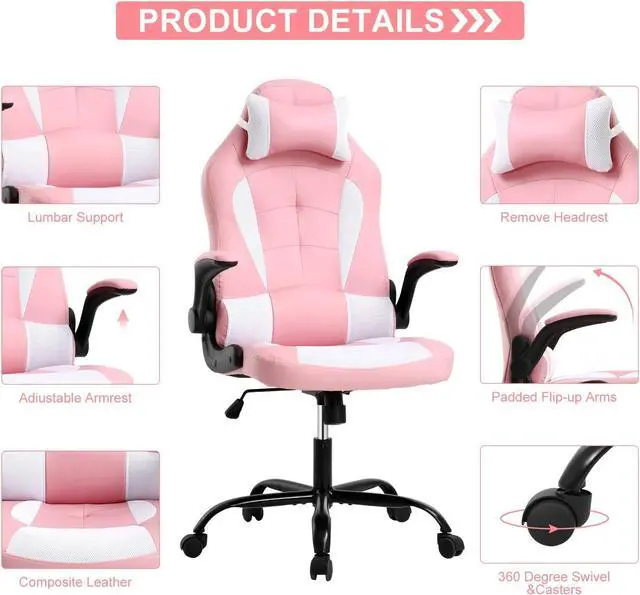 Alt view image 3 of 7 - Meet perfect Ergonomic Gaming Chair with Lumbar Support, Pink | PU leather; breathable mesh; headrest; 360° swivel; 250lb Capacity; ideal for gaming, home office
