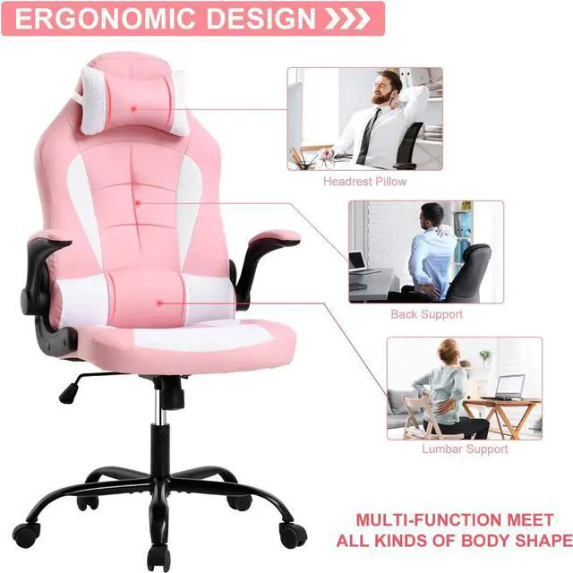 Alt view image 4 of 7 - Meet perfect Ergonomic Gaming Chair with Lumbar Support, Pink | PU leather; breathable mesh; headrest; 360° swivel; 250lb Capacity; ideal for gaming, home office