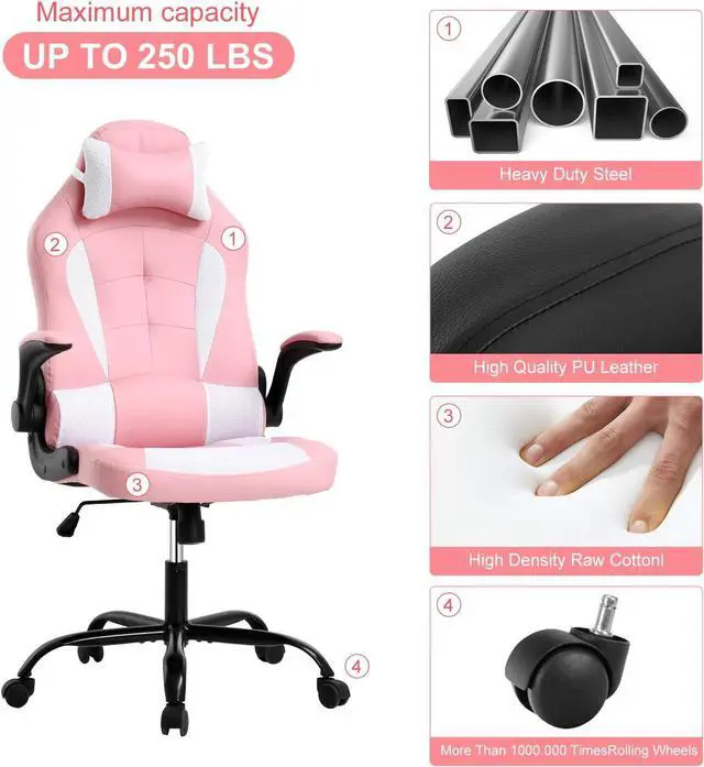 Alt view image 6 of 7 - Meet perfect Ergonomic Gaming Chair with Lumbar Support, Pink | PU leather; breathable mesh; headrest; 360° swivel; 250lb Capacity; ideal for gaming, home office