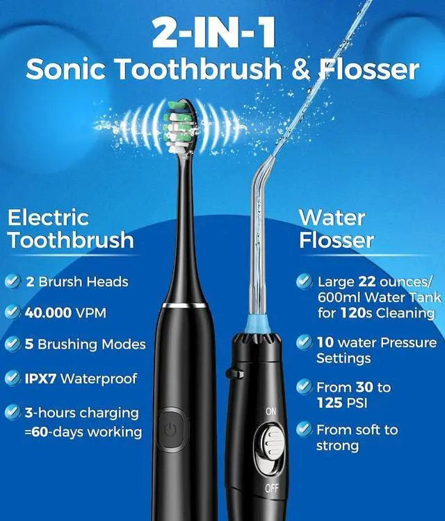 Alt view image 2 of 7 - Electric Toothbrush and Water Flosser,600ML Oral Irrigator Water Flosser with 7 Jet Tips,10 Adjustable Water Pressure,Sonic Electric Toothbrush with 2 Brush Heads,5 Modes(Black)