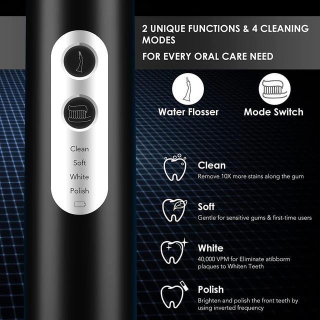 Alt view image 2 of 7 - Electric Toothbrush with Water Flosser Combo, 3 in 1 Ultrasonic Toothbrush & Dental Oral Irrigator & Tooth Cleaner with 4 Modes, One Switch from Sonic Brushing to Water Flossing for Home Travel