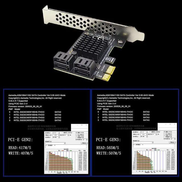 Alt view image 6 of 6 - Pcie 4 Port SATA 3.0 to PCIe x1 GEN3 Expansion Adapter Card with SATA 3 PCI-e PCI Express Converter ASM1064