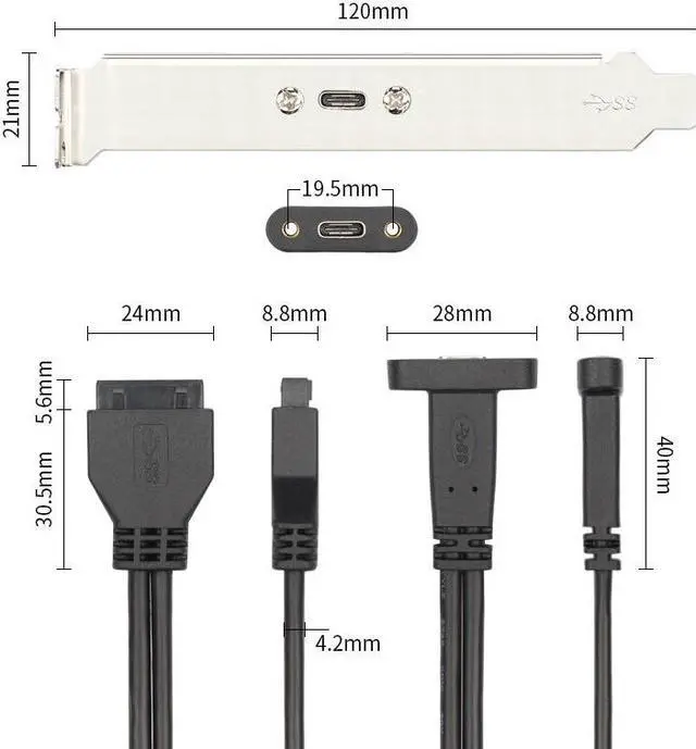 Alt view image 5 of 5 - 50cm USB 3.0 20 Pin Motherboard Header to USB Type C Female Cable with Bracket