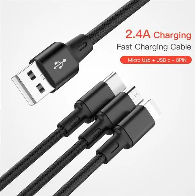 Alt view image 2 of 6 - USB Cable For iPhone 13 12 11 XS X 8 7 6 Charging Charger 3 in 1 Micro USB Cable USB Type C Mobile Phone Cables For Samsung S9 1.2M (black)