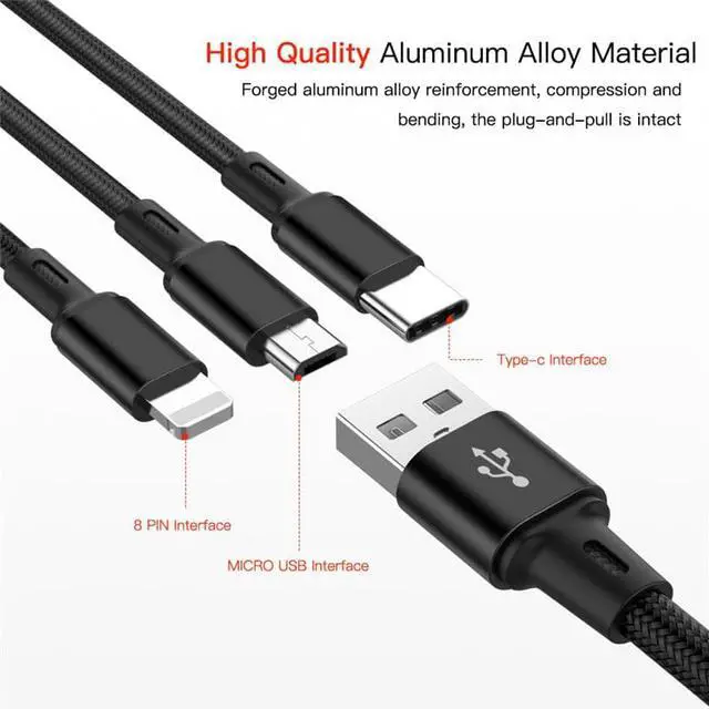 Alt view image 3 of 6 - USB Cable For iPhone 13 12 11 XS X 8 7 6 Charging Charger 3 in 1 Micro USB Cable USB Type C Mobile Phone Cables For Samsung S9 1.2M (black)