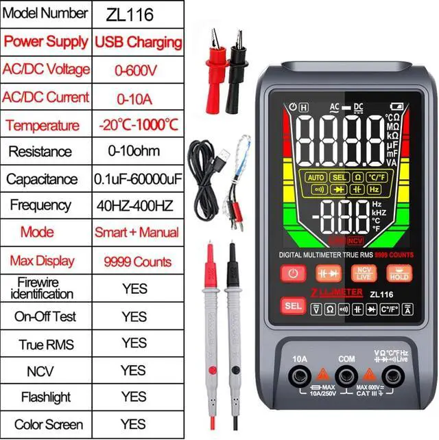 Main image of USB Charging Large Screen Smart Multimeters Digital DC AC Current True RMS Auto Electrical Capacitance ohm Temp Multimetro test(ZL116Crocodile clips)