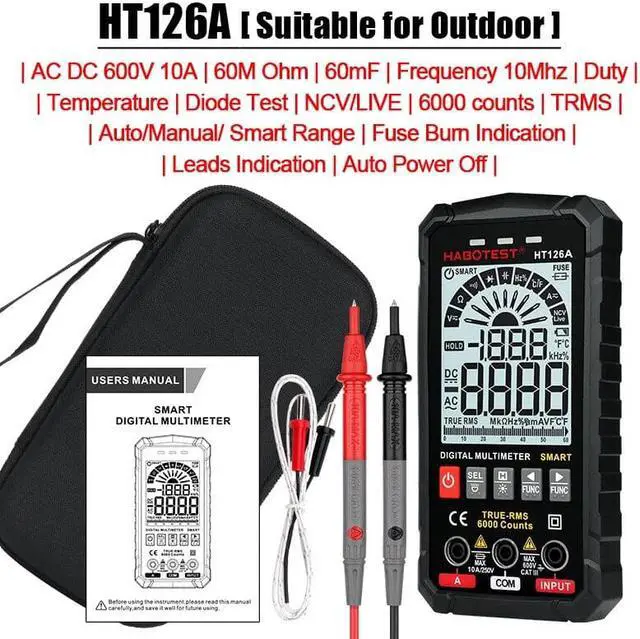 Main image of HT126 Smart Multimeter Digital Professional AC DC Voltage Current Tester Ohm HZ Diode Live Continuity Electrician Meter(HT126A TN Screen)
