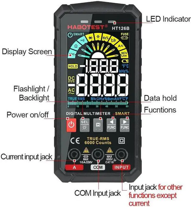 Alt view image 4 of 6 - Smart Multimeter Digital Professional Capacitor Tester HT126B Auto Range 600V AC DC Voltage Ohm HZ Diode Live Continuity Meter