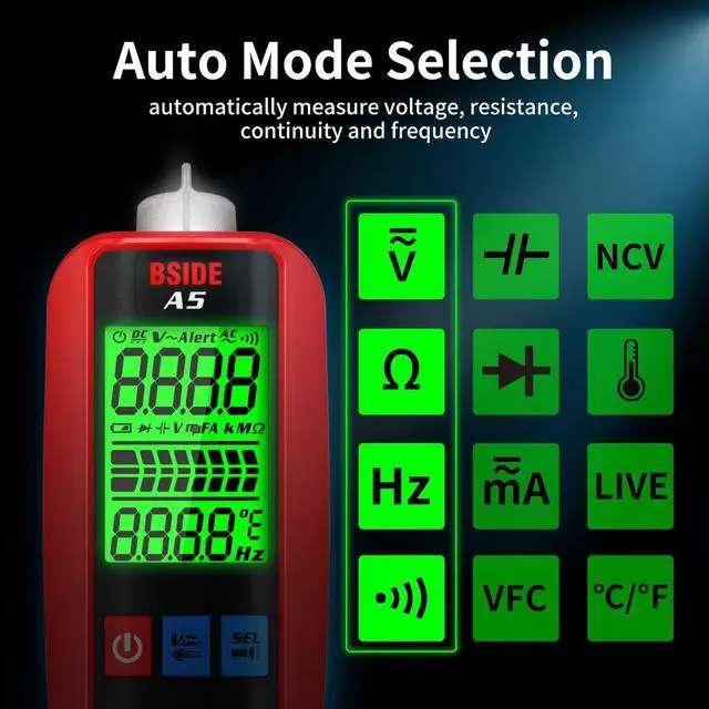 Alt view image 3 of 6 - A5 Voltage Detector Multimeter AC DC 620V 610mA Smart Auto Selection Measure VFC Ohm Capacitance Diode Test 6000 Counts