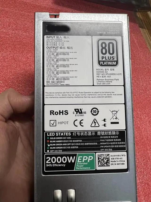 Alt view image 6 of 6 - 2000W Platinum PSU For Poweredge R730 R630 R530 R830 R930 C4130 Server Power Supply D2000E-S2 DPS-2000EB-2A XYK93 960VR