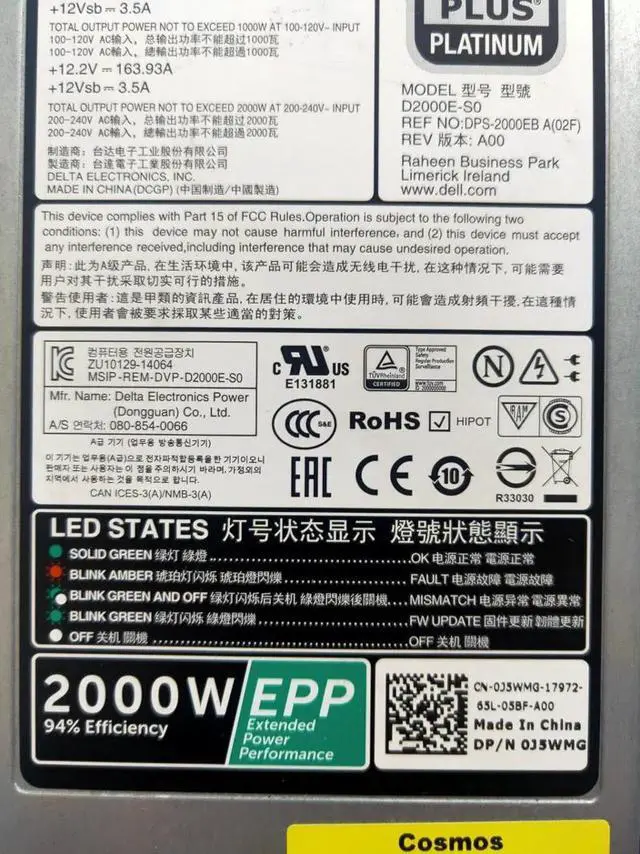 Alt view image 5 of 6 - 2000W Platinum PSU D2000E-S0 DPS-2000EB A For Poweredge R740 R840 R940 C4130 FX2S MVP7C J5WMG 39K3H W1R7V