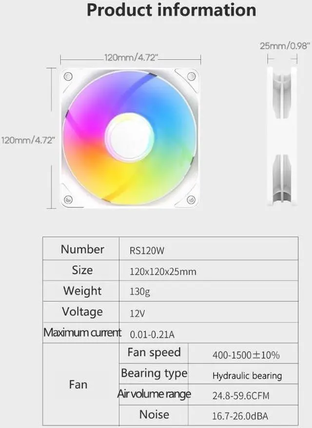 Alt view image 4 of 6 - RS120 ARGB 120mm Cooling Fan 4Pin PWM Adjust Speed Fan Computer Case Fan 24.8-59.6CFM Strong Air Volume Computer Fans (Black)