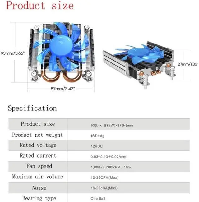 Alt view image 4 of 6 - S85 2 Heatpipe Ultra Thin PWM Fan for HTPC 1U Mini PC Cooling Fan for Socket LGA1200 115x CPU Cooler Fan Low Profile