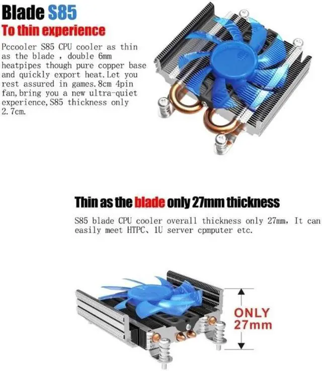 Alt view image 2 of 6 - S85 2 Heatpipe Ultra Thin PWM Fan for HTPC 1U Mini PC Cooling Fan for Socket LGA1200 115x CPU Cooler Fan Low Profile