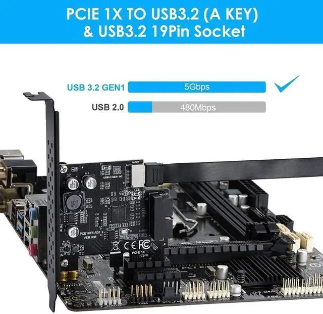 Alt view image 2 of 6 - PCI-E 1X to USB3.2 Expansion Card PCI-Express 3.0 Riser Card USB 3.2 Gen1 TYPE-EA-KEYUSB 3.0 20Pin Connector