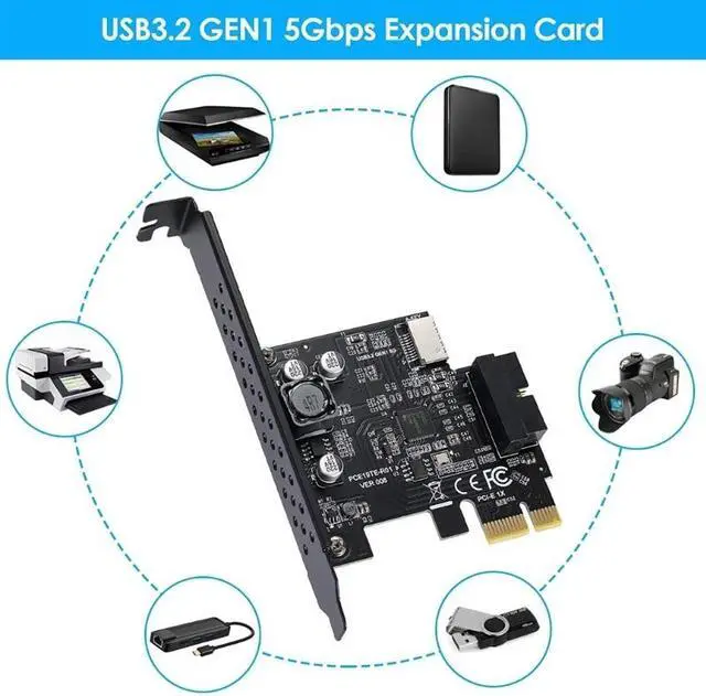 Alt view image 3 of 6 - PCI-E 1X to USB3.2 Expansion Card PCI-Express 3.0 Riser Card USB 3.2 Gen1 TYPE-EA-KEYUSB 3.0 20Pin Connector