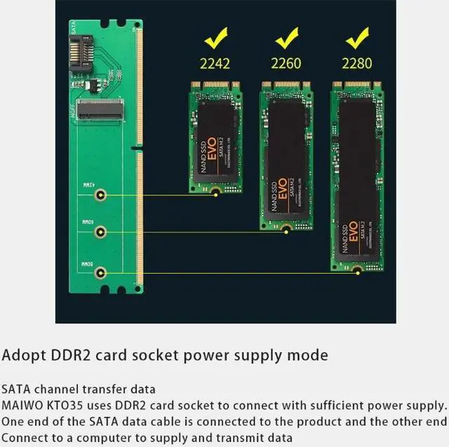 Alt view image 4 of 6 - M.2 Ngff- SSD to SATA Adapter DDR2 Powered SATA to M.2 SSD Ngff- B Key Convert Card to Win 7/8/10 Support 2242-60-80 SSD