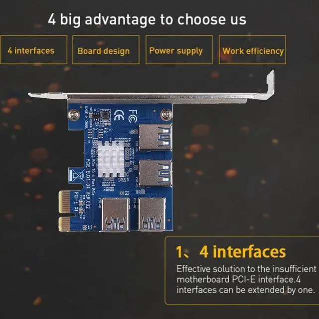 Alt view image 4 of 6 - 4 Port PCI-E Extender Riser PCI-E 1x to 16x USB 3.0 Data Cable 16X Slots Bitcoin Mining Card PCI-E Adapter For GPU Miner