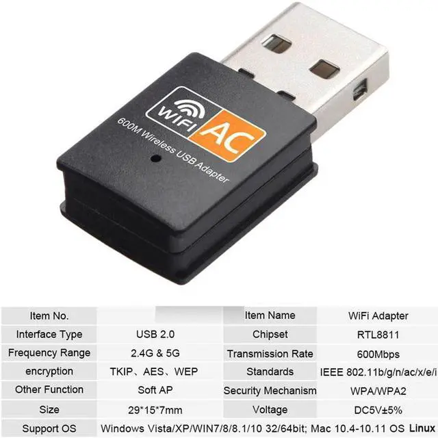 Alt view image 3 of 5 - 600 Mbps 2.4GHz+5GHz Dual Band USB Wifi Adapter Wireless Network Card Wireless USB WiFi Adapter Wifi Dongle  PC Network Card