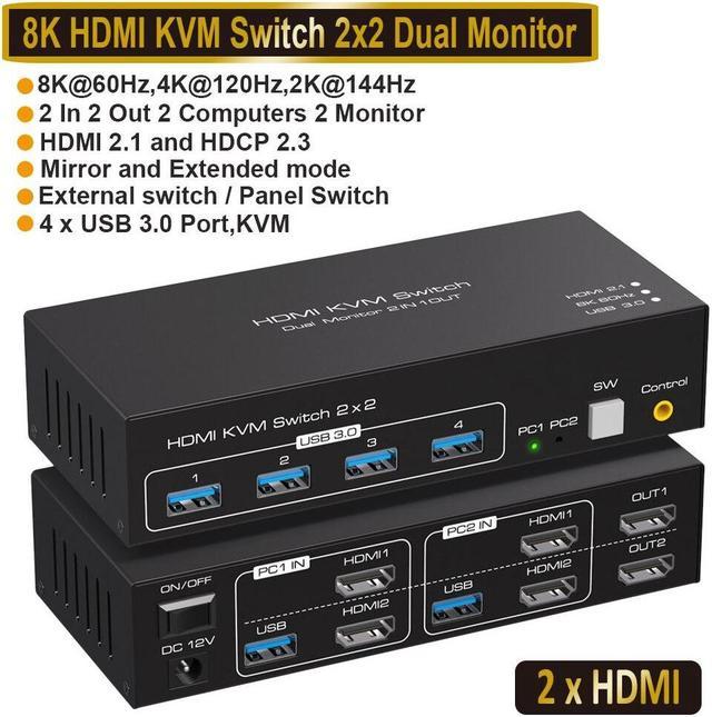 4K HDMI KVM Switch 2 Ports USB Dual Monitor 2 In 2 Out 2 Computer