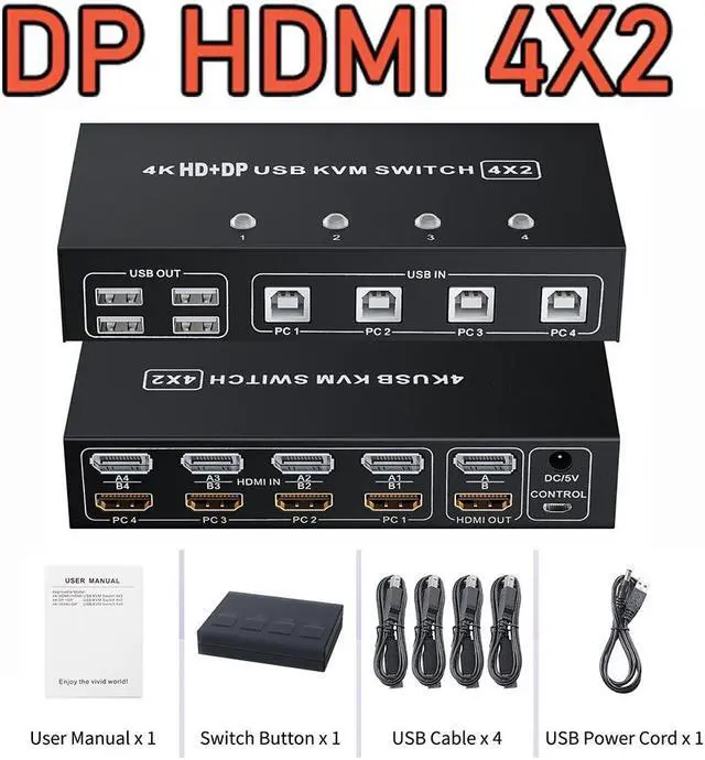 Main image of 1pc Displayport HDMI KVM Switch dual monitor 4X2 2X2 HDMI Displayport USB KVM Switch Dual Display DP HDMI USB Switch KVM Switcher(check details)
(HDMI 2X2)