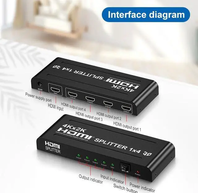 Alt view image 4 of 6 - 4K HDMI Splitter 1 in 4 out 4K 2K 1080P HDMI Video Distributor Splitter 1x4 Video Switch Amplifier for TV PC Laptop Projector(USB Power cable)