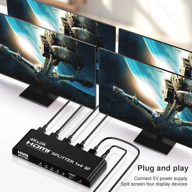 Alt view image 6 of 6 - 4K HDMI Splitter 1 in 4 out 4K 2K 1080P HDMI Video Distributor Splitter 1x4 Video Switch Amplifier for TV PC Laptop Projector(USB Power cable)