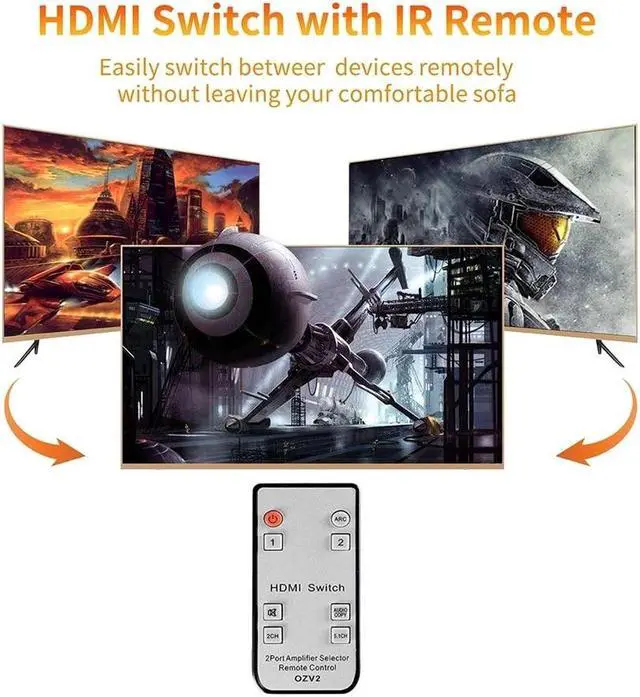 Alt view image 6 of 6 - 4K HDMI Switcher Audio Extractor 2 in 1 Out Selector with R/L+Toslink SPDIF+COAXIAL Audio out HDMI ARC Audio Switch 2x1 Adapter(US power supply)