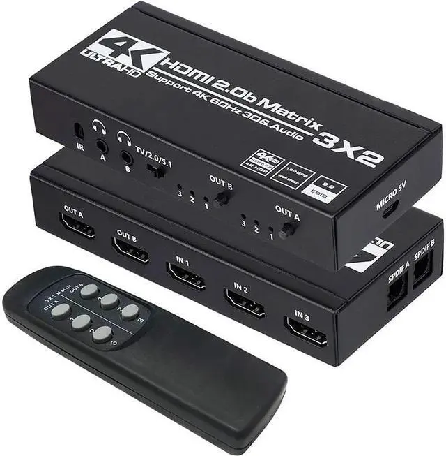 Alt view image 2 of 6 - HDMI Ture Matrix Switcher 3x2 Matrix HDMI Switch Splitter 3 in 2 out with SPDIF L/R 3.5mm HDR 4K60Hz Switch for PC PS5 HDTV DVD(With UK Plug)