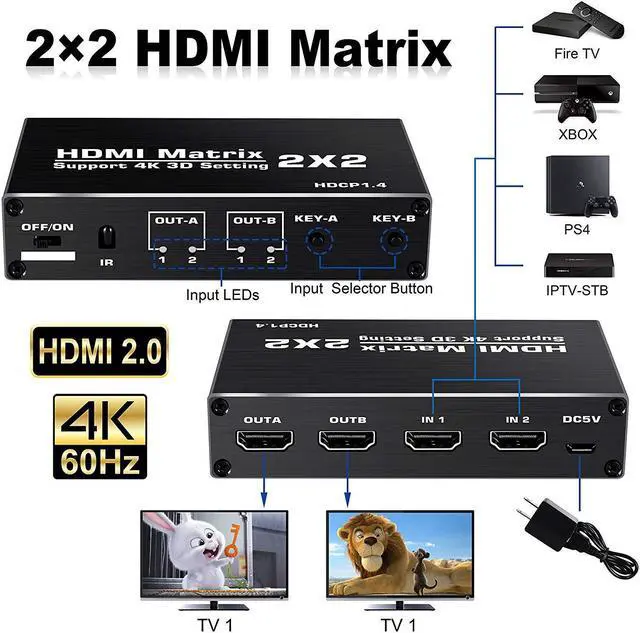 Alt view image 3 of 6 - 4K HDMI Matrix Switcher 2x2 1080P 3D HDMI Matrix 2 in 2 out HDMI Switch Splitter Video Matrix Adapter for PS4/PS3 PC Laptop TV(US Plug)