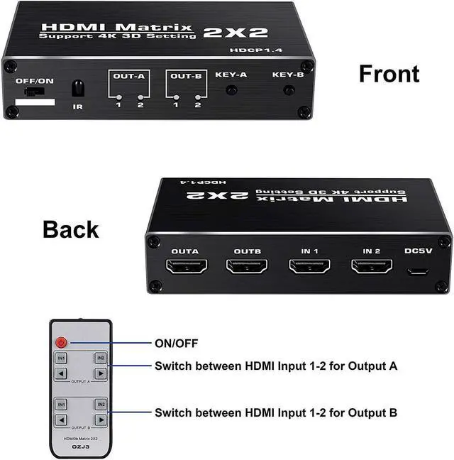 Alt view image 4 of 6 - 4K HDMI Matrix Switcher 2x2 1080P 3D HDMI Matrix 2 in 2 out HDMI Switch Splitter Video Matrix Adapter for PS4/PS3 PC Laptop TV(US Plug)