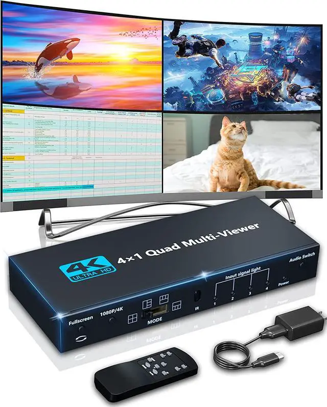 Alt view image 2 of 6 - HDMI Multiviewer Switch 4x1 HDMI Quad Seamless Switcher 4 in 1 Out Support 4K 30Hz 5 View Modes for PS4 Camera PC To TV Monitor(EU Plug)