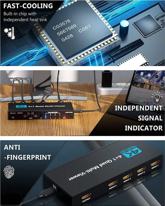 Alt view image 4 of 6 - HDMI Multiviewer Switch 4x1 HDMI Quad Seamless Switcher 4 in 1 Out Support 4K 30Hz 5 View Modes for PS4 Camera PC To TV Monitor(EU Plug)